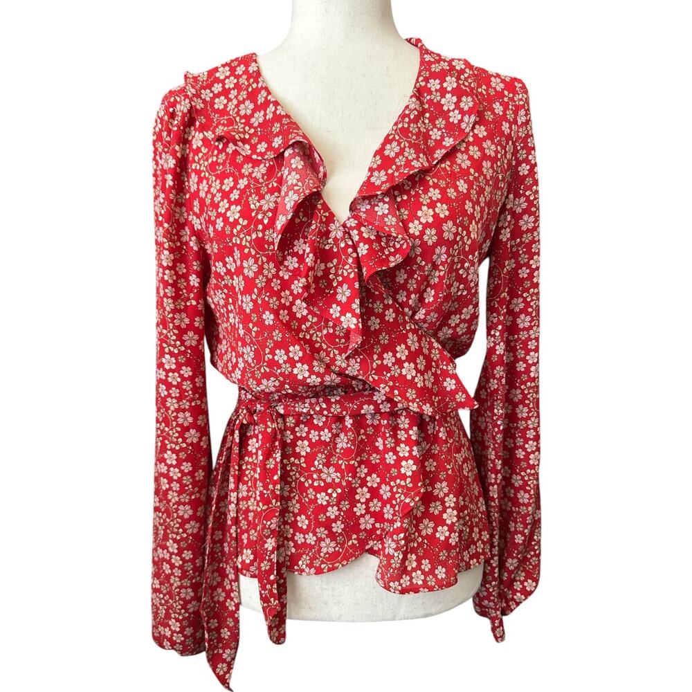 Max Studio Red Ditsy Print Ruffle V Neck Belted Blouse S - Picture 2 of 10